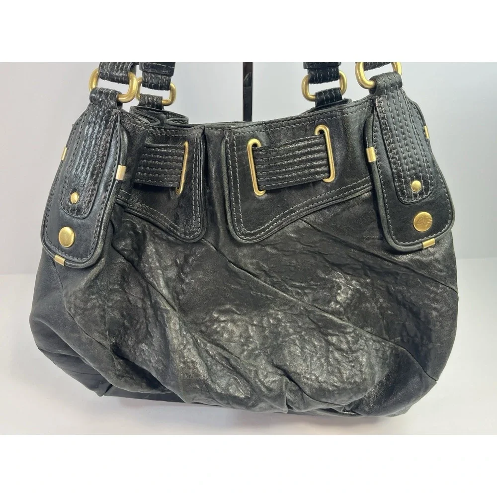 Juicy Couture Vintage Y2K Black Leather Handbag Hobo Purse Gold Hardware Pink